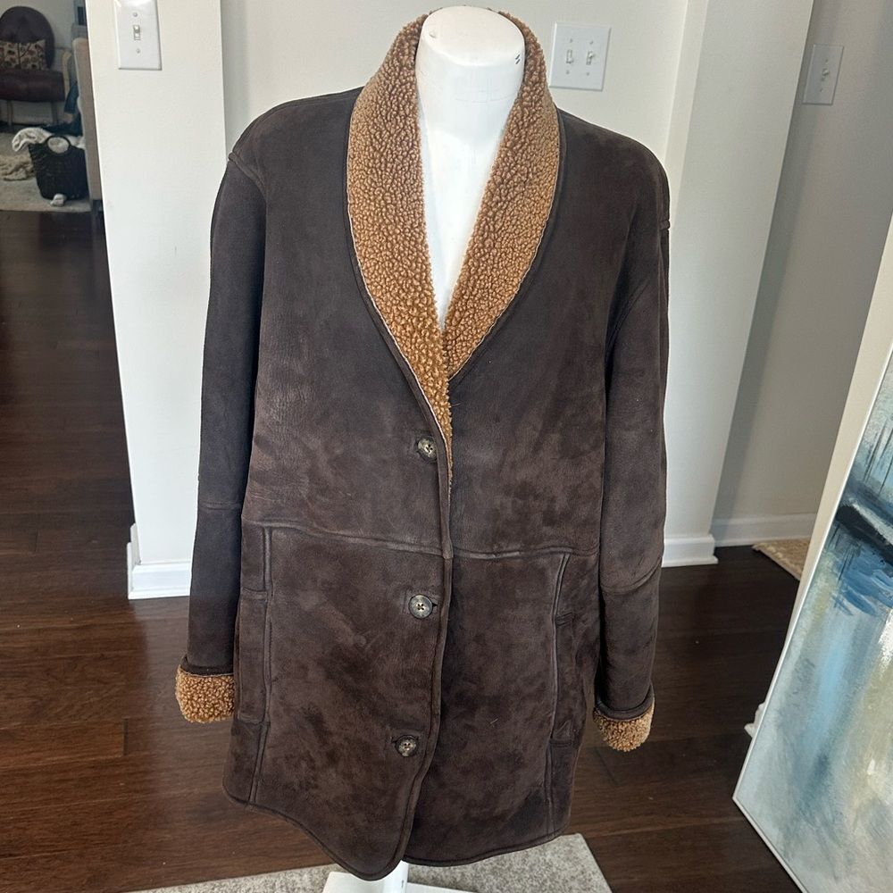 L.L. Bean‎ Brown Suede Shearling Coat with Tan Sherpa Trim